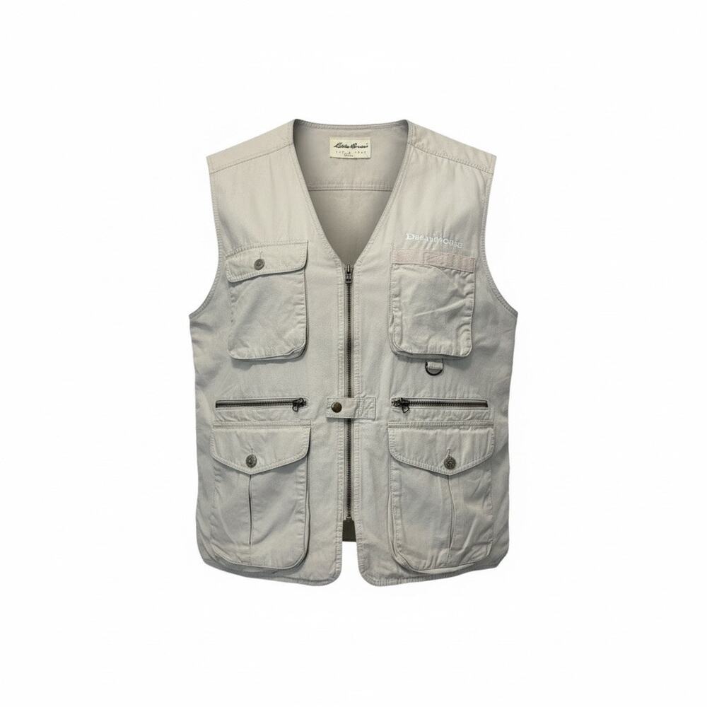 VTG 90's Eddie Bauer Khaki Safari Fishing Hunting Vest Dreamworks Logo 2XL Cargo